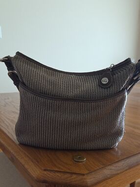The Sak Taupe Knit Shoulder Bag with Dark Brown Trim